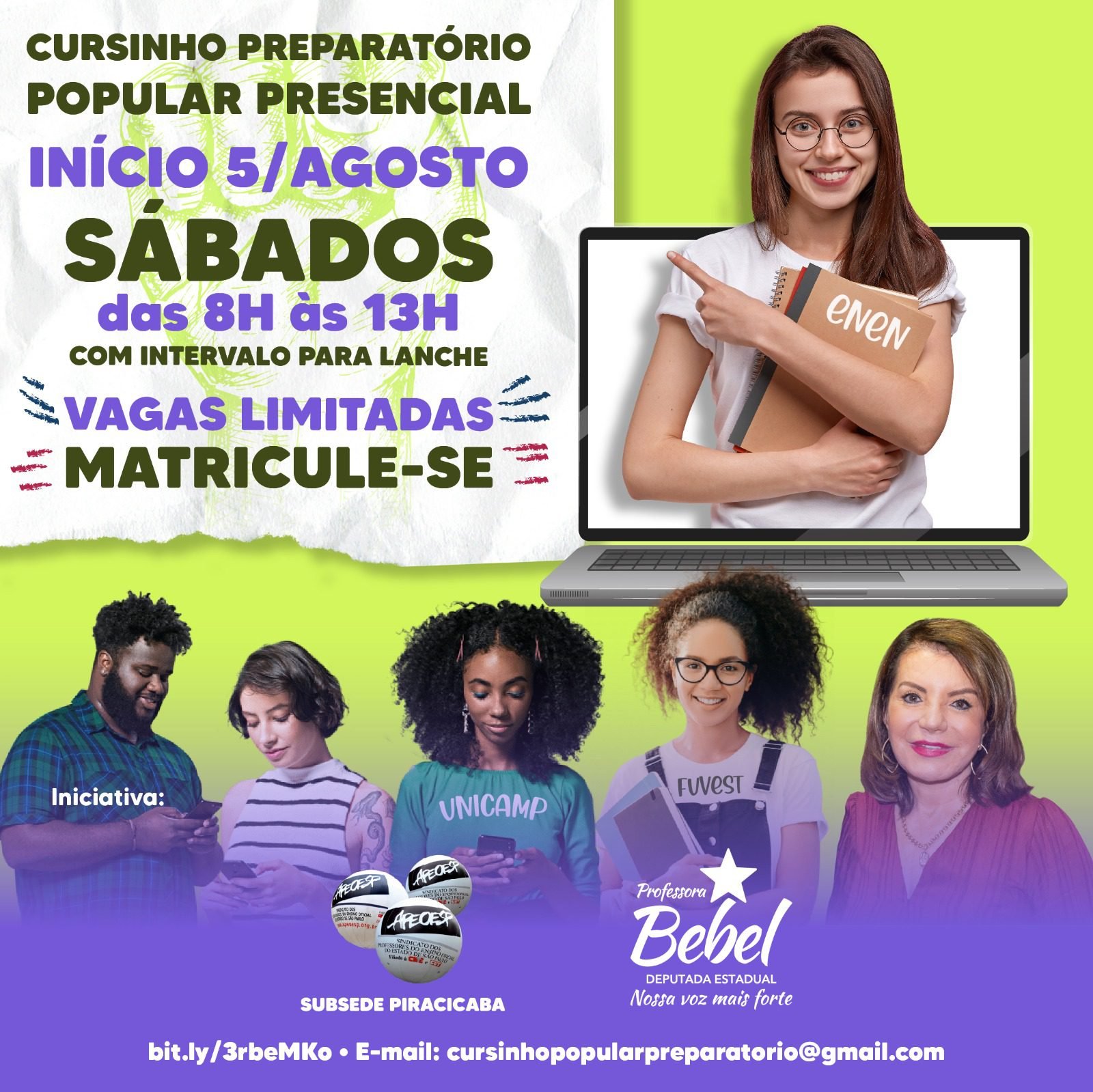 30-06-23-Material de divulgação da abertura de inscrições para o cursinho, desenvolvido em parceria do mandato da deputada Bebel e a Apeoesp