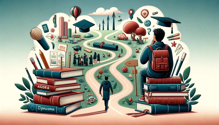 Uma ilustração que representa a jornada de um Microempreendedor Individual (MEI) ponderando a decisão de investir em educação superior para impulsiona (1)