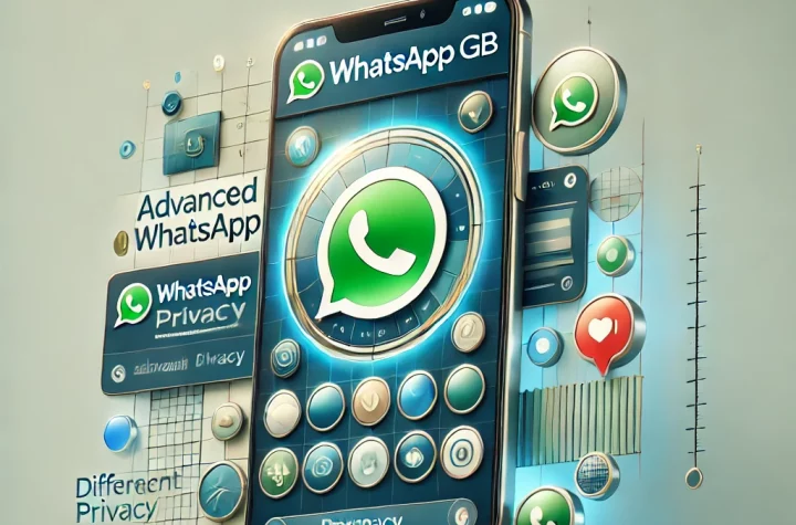 Imagem destacada de um smartphone com interface personalizada do WhatsApp GB mostrando opções de privacidade avançadas e temas únicos