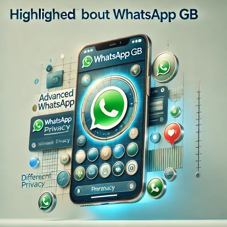 Imagem destacada de um smartphone com interface personalizada do WhatsApp GB mostrando opções de privacidade avançadas e temas únicos