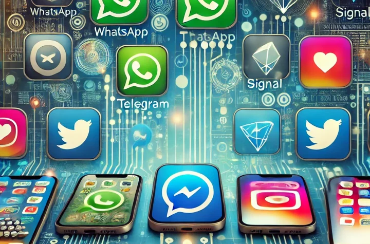 Ícones dos principais aplicativos de mensagens, incluindo WhatsApp, Telegram, Signal e Facebook Messenger, sobre um fundo de conexão digital e tecnologia.
