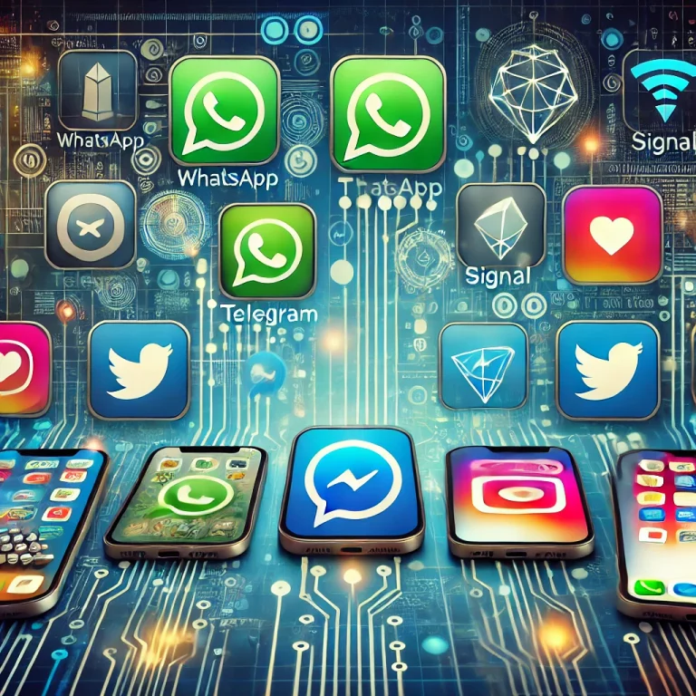Ícones dos principais aplicativos de mensagens, incluindo WhatsApp, Telegram, Signal e Facebook Messenger, sobre um fundo de conexão digital e tecnologia.