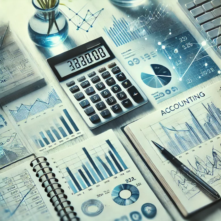 DALL·E 2024-11-11 18.26.34 - Featured image for an article on accounting, with a modern and professional design. The image includes a calculator, a notebook with handwritten numbe