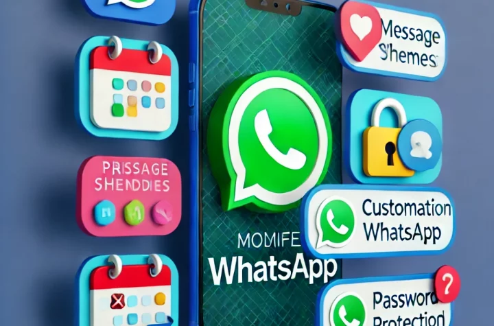 Imagem destacada representando as funcionalidades avançadas dos aplicativos modificados do WhatsApp, incluindo personalização, privacidade, agendamento de mensagens e proteção de conversas.