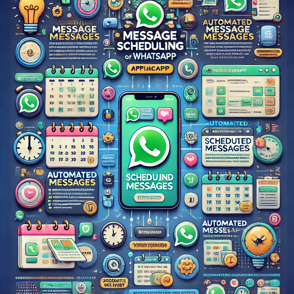 Infográfico ilustrando a funcionalidade de agendamento de mensagens dos aplicativos modificados do WhatsApp, com ícones de calendário, relógio, entrega automática de mensagens e lembretes.