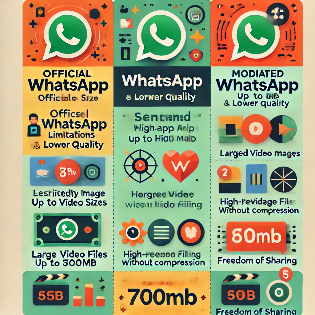 Infográfico mostrando as vantagens dos aplicativos modificados do WhatsApp para envio de mídia em alta qualidade, comparando as limitações do WhatsApp oficial com as capacidades estendidas dos apps modificados.