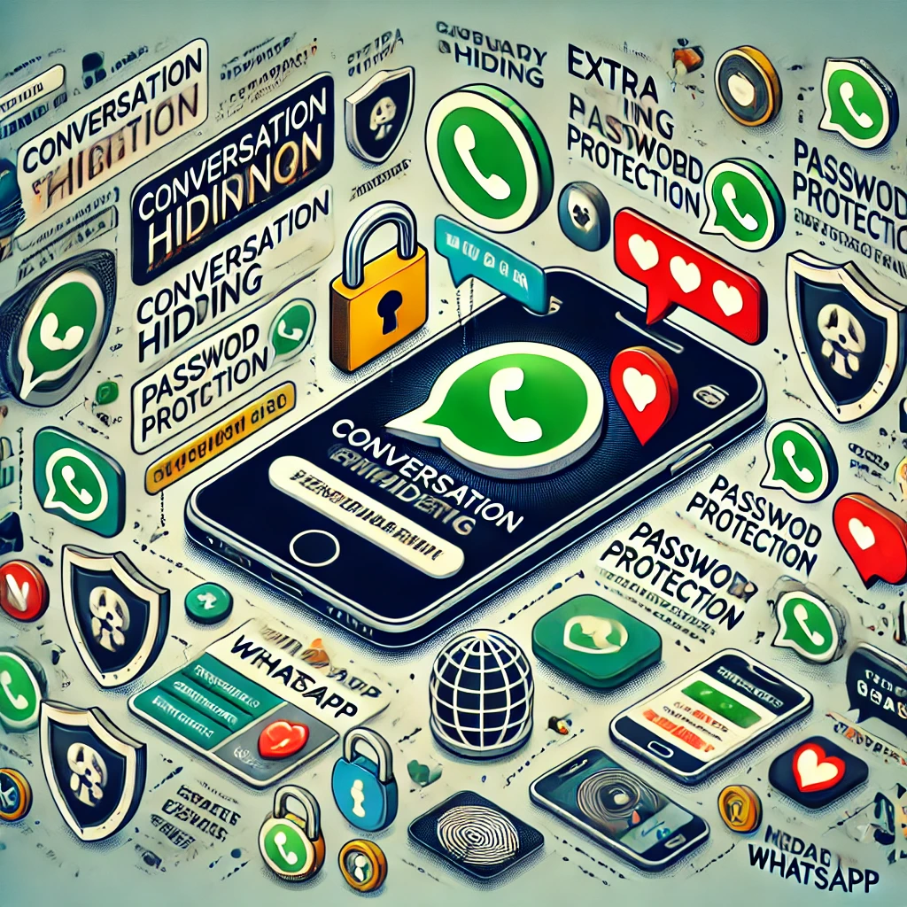 Infográfico ilustrando a funcionalidade de ocultar conversas e proteger com senha nos aplicativos modificados do WhatsApp, incluindo ícones de privacidade, senha e bloqueio de chats.