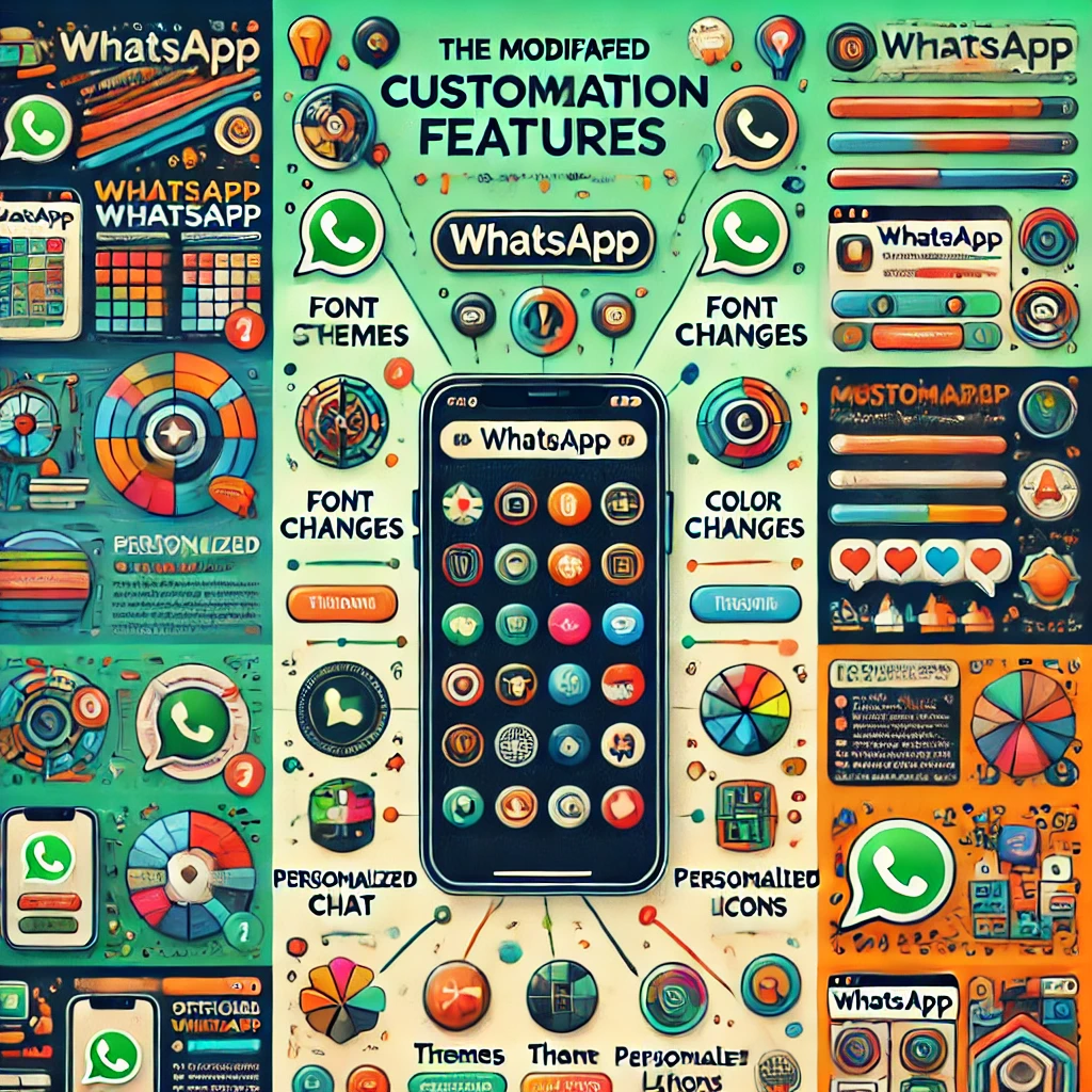 Infográfico mostrando as opções de personalização dos aplicativos modificados do WhatsApp, incluindo temas, fontes, cores e layouts personalizados, em comparação com as limitações do WhatsApp oficial.