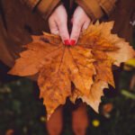 Vertical shot of a female with a red manicure wearing a brown coat holding autumn maple leaves