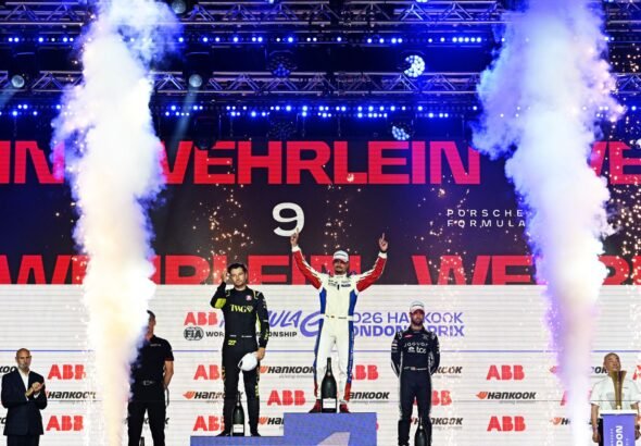 - Pódio do E-Prix de Londres de 2026 neste sábado  - Crédito: Simon Galloway/LAT Images/Fórmula E/Divulgação