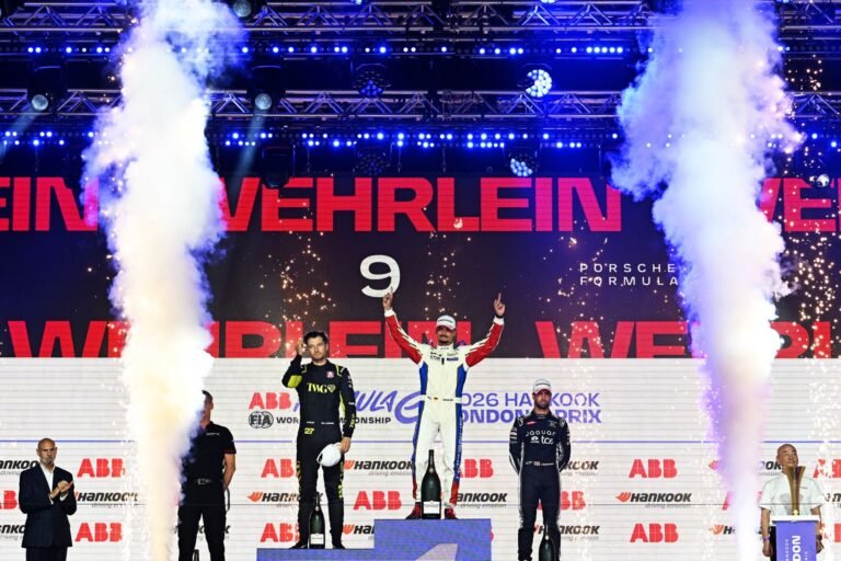 - Pódio do E-Prix de Londres de 2026 neste sábado - Crédito: Simon Galloway/LAT Images/Fórmula E/Divulgação